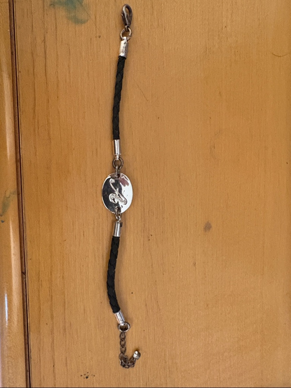 Silver-Tone Black Braided Leather Charm Bracelet Letter A